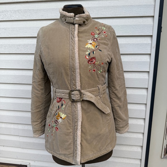 Y2K Tan corduroy belted jacket with floral embroidery - Picture 1 of 12